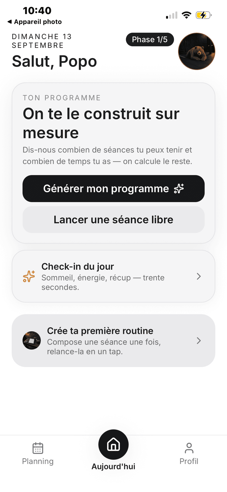 Écran Aujourd'hui de gainzzoo : la séance du jour, le check-in et l'avatar en haut à droite.